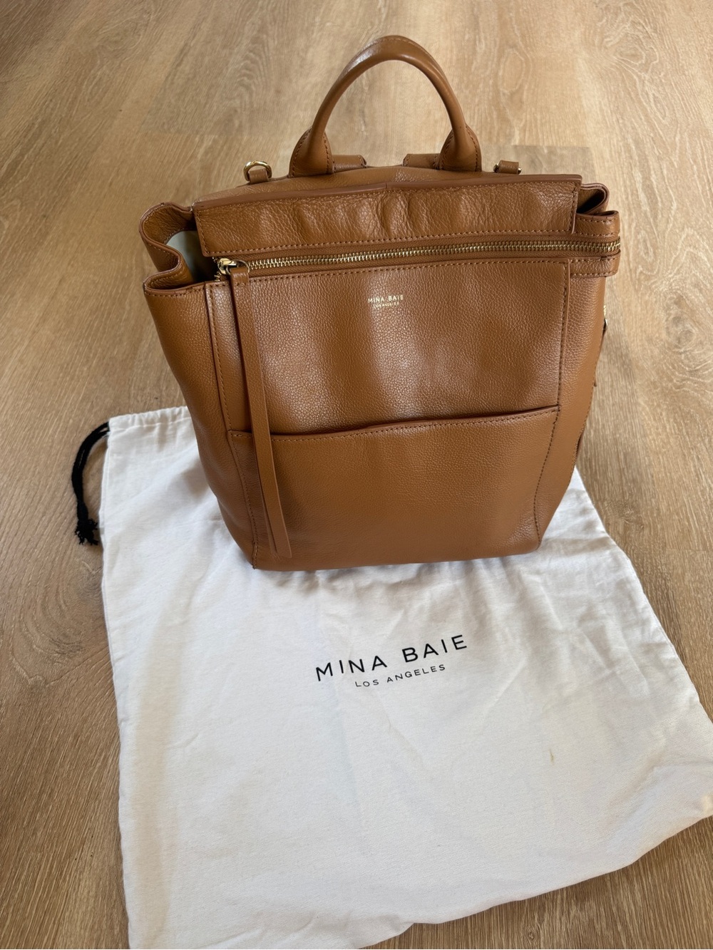 Mina Baie harper midi leather diaper bag backpack tan gold